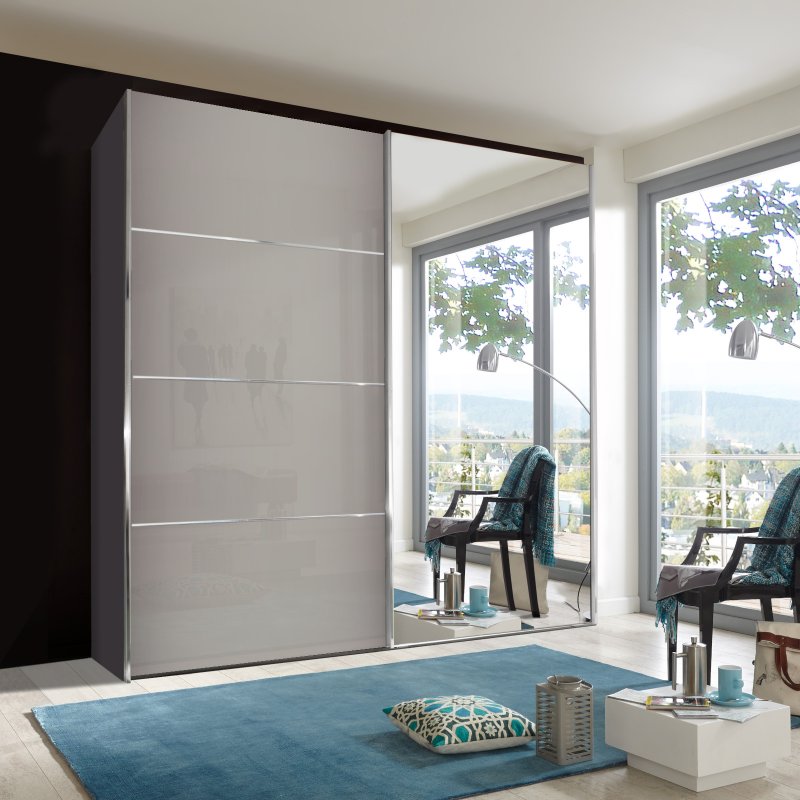 Wiemann Miami Plus Wardrobe with panels Glass doors in pebble grey and crystal mirrored doors 2 doors 1 mirr