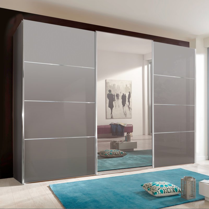 Wiemann Miami Plus Wardrobe with panels Glass doors in pebble grey and crystal mirrored doors 3 doors 1 cent