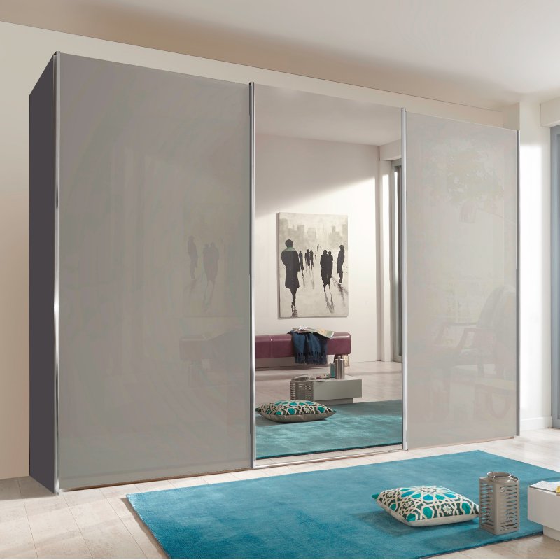 Wiemann Miami Plus Wardrobe Glass doors in pebble grey and crystal mirrored doors 3 doors 1 centred mirrored