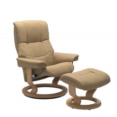 Stressless Quick Ship Mayfair Medium Classic Chair and Stool - Paloma Sand with Oak Wood