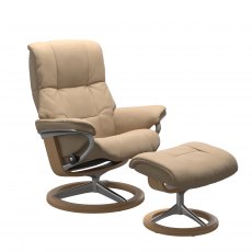 Stressless Quick Ship Mayfair Medium Signature Chair and Stool - Paloma Beige with Oak Wood