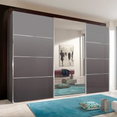Miami Plus Wardrobe with panels Glass doors in graphite and crystal mirrored doors 3 doors 1 centred