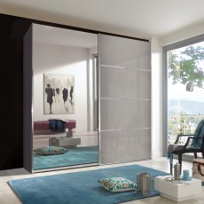 Miami Plus Wardrobe with panels Glass doors in pebble grey and crystal mirrored doors 2 doors 1 mirr
