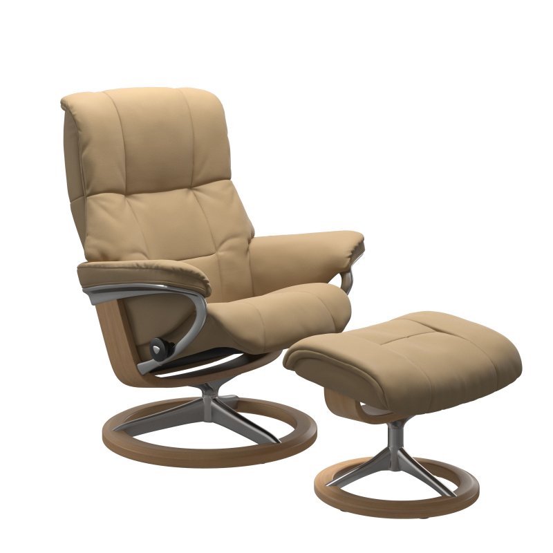 Stressless Stressless Quick Ship Mayfair Medium Signature Chair and Stool - Paloma Sand with Oak Wood
