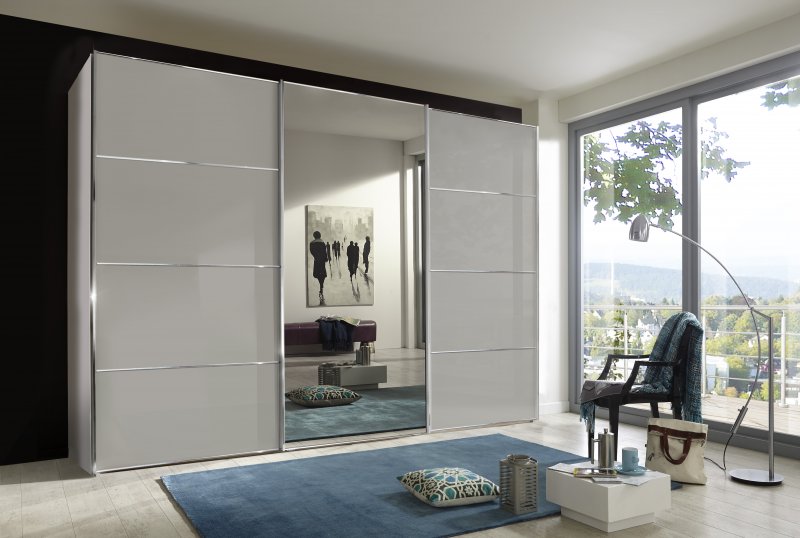 Wiemann Miami Plus Wardrobe with panels, Glass Doors in White 3 doors 1 centre glass door 225cm
