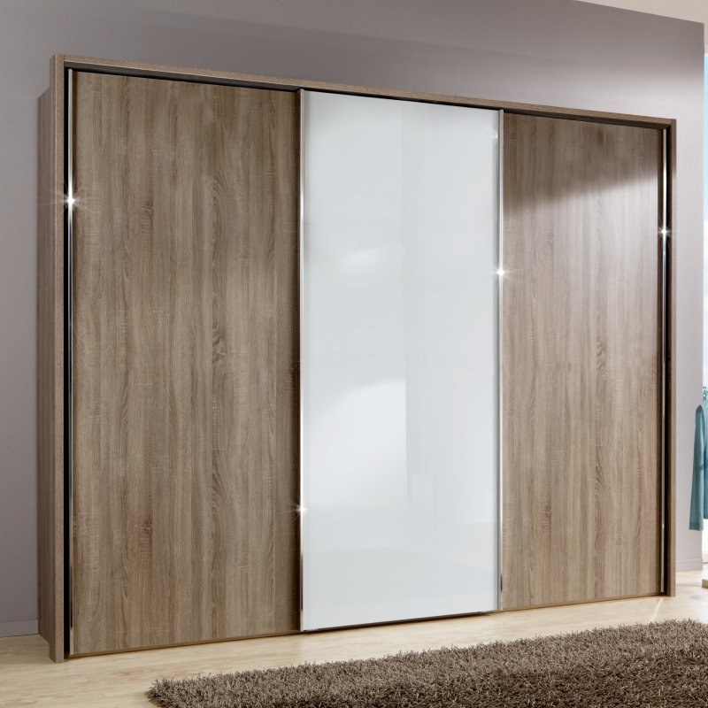 Wiemann Miami Plus Wardrobe, Glass Doors in White 3 doors 1 centre glass door 225cm