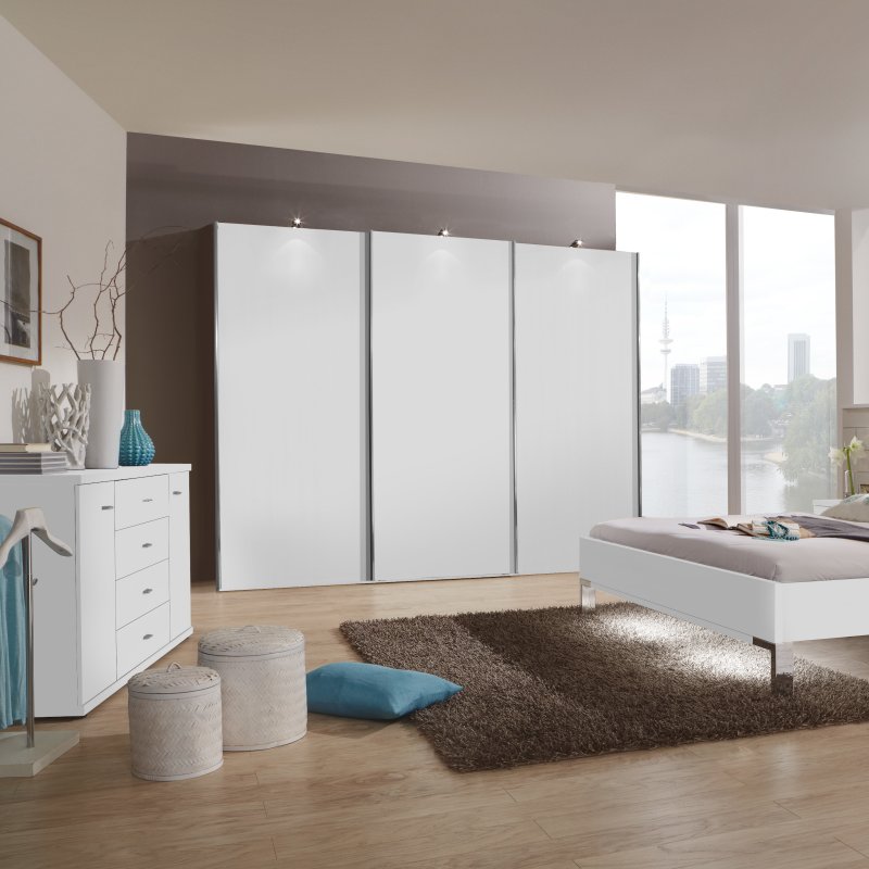 Wiemann Miami Plus Wardrobe, Glass Doors in White 3 doors 1 centre glass door 250cm